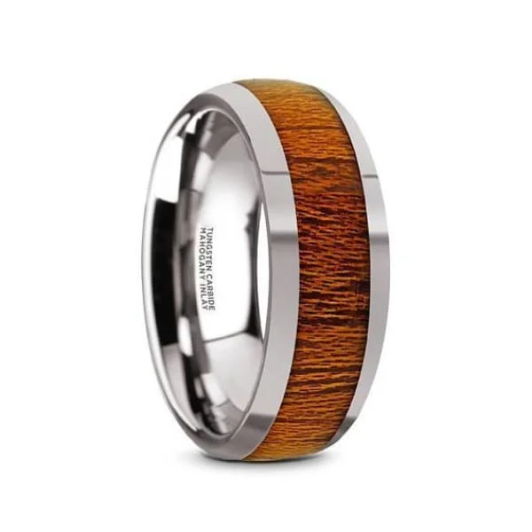 Women’s two-tone ring-Men's Round Mahogany Wood Inlaid Tungsten Wedding Ring Polish Finish - 8mm