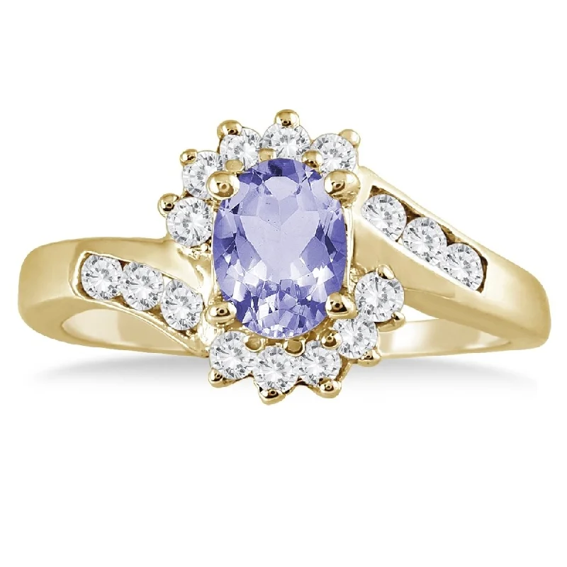 Women’s geometric ring-1 Carat Tanzanite and Diamond Flower Twist Ring in 14K Yellow Gold