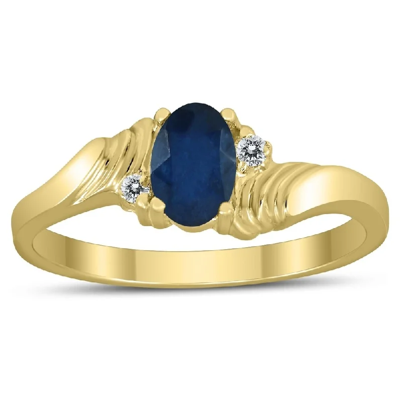 Women’s halo diamond ring-6X4MM Sapphire and Diamond Wave Ring in 10K Yellow Gold