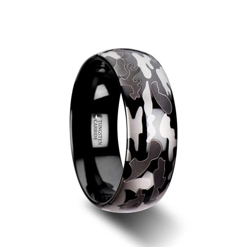 Women’s custom gemstone ring-Carter Black and Grey Domed Camo Tungsten Wedding Band For Men - 8 mm