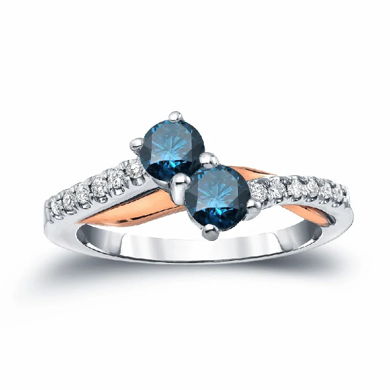 Women’s halo diamond ring-Auriya 3/4ctw Round 2 Stone Blue Diamond Ring 14k Two-Tone Gold