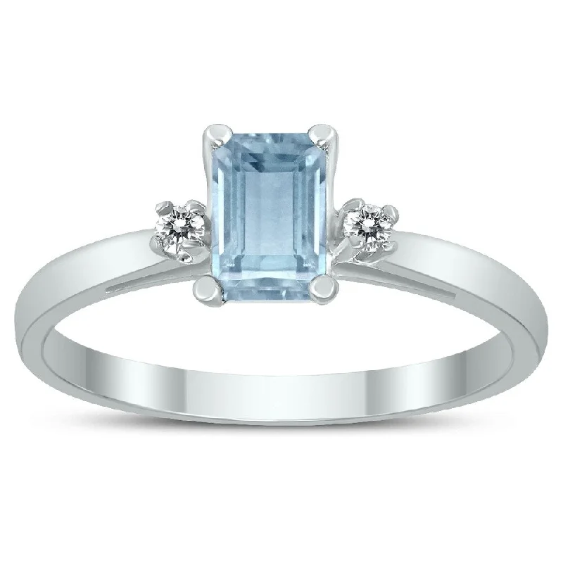 Women’s platinum ring-Emerald Cut 6X4MM Aquamarine and Diamond Three Stone Ring in 10K White Gold