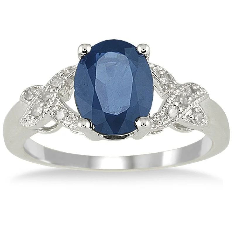 Women’s carved gemstone ring-2.20 Carat Oval Sapphire and Diamond Ring in 10K White Gold