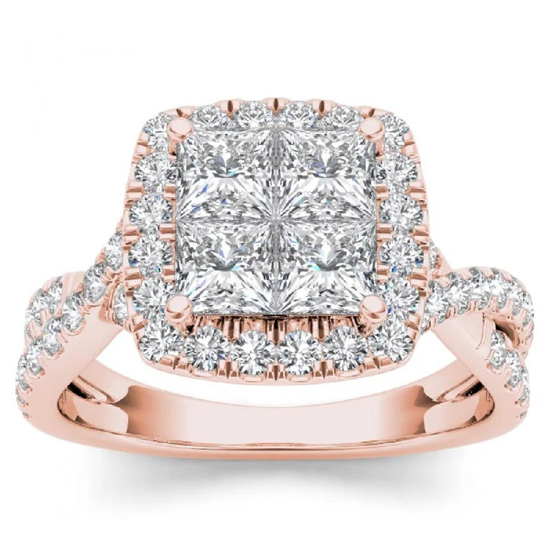 Women’s dainty ring-De Couer 14k Rose Gold 2ct TDW Diamond Twist Shank Halo Ring - Pink