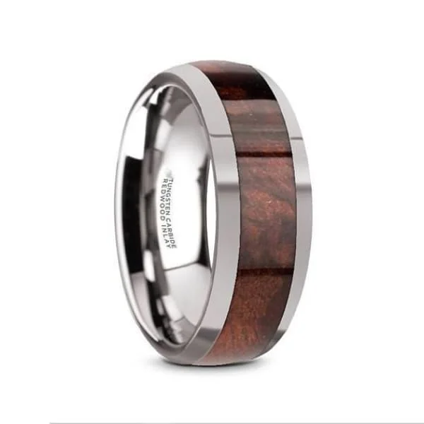 Women’s polished ring-Men's Exotic Redwood Inlaid Tungsten Carbide Ring W/ High Polished Edges - 8mm