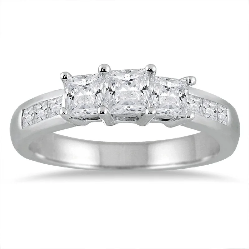 Women’s diamond halo ring-1 1/2 Carat TW Princess Cut Diamond Three Stone Ring in 14K White Gold