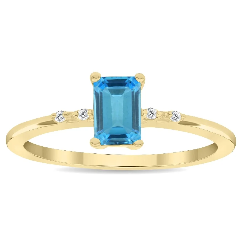 Women’s twisted ring-Women's Emerald Cut Blue Topaz and Diamond Sparkle Ring in 10K Yellow Gold