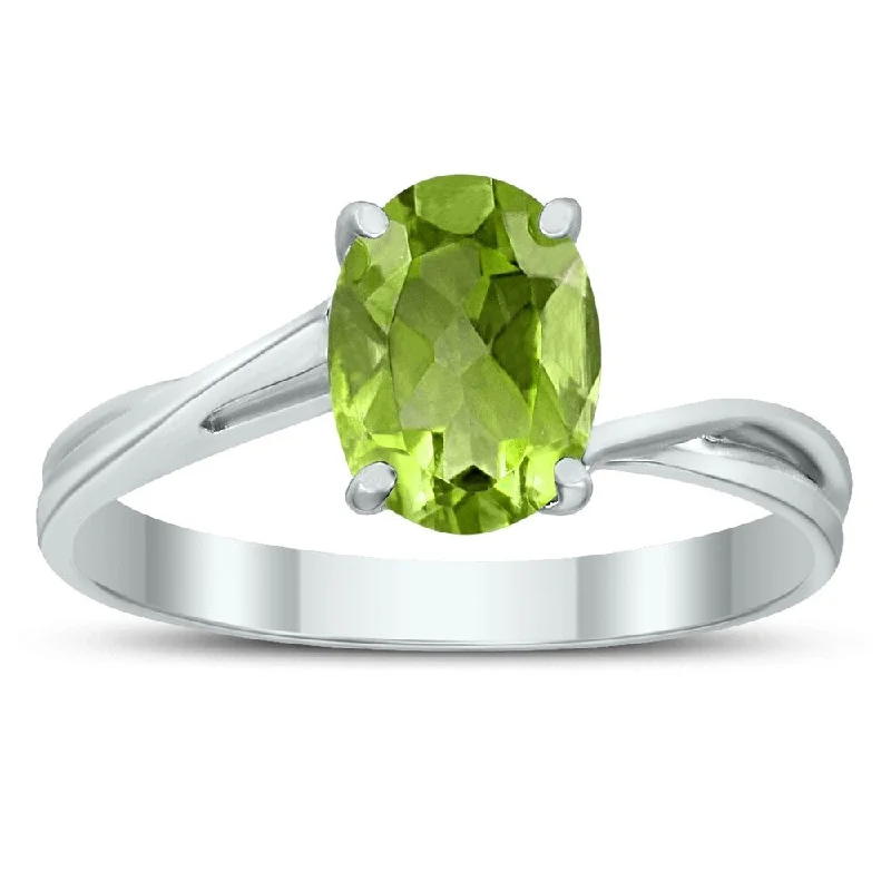 Women’s gold diamond ring-Solitaire Oval 8X6MM Peridot Gemstone Twist Ring in 10K White Gold