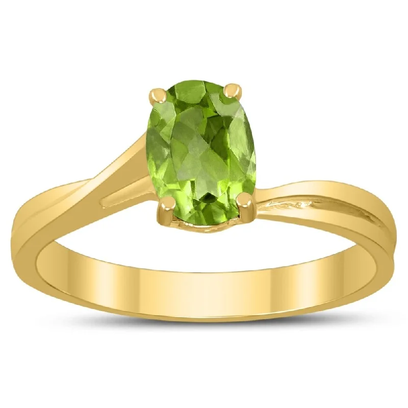 Women’s platinum ring-Solitaire Oval 7X5MM Peridot Gemstone Twist Ring in 10K Yellow Gold