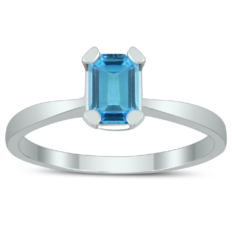 Women’s two-tone ring-Emerald Shaped 6X4MM Blue Topaz Solitaire Ring in 10K White Gold