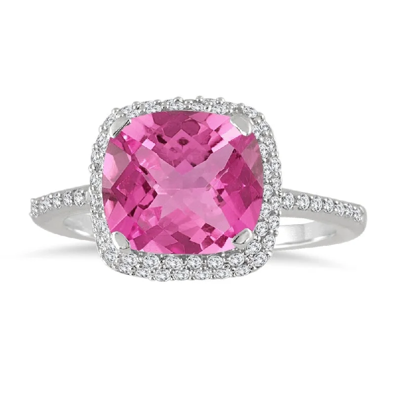 Women’s halo engagement ring-3 1/2 Carat Cushion Cut Pink Topaz and Diamond Halo Ring in 10K White Gold