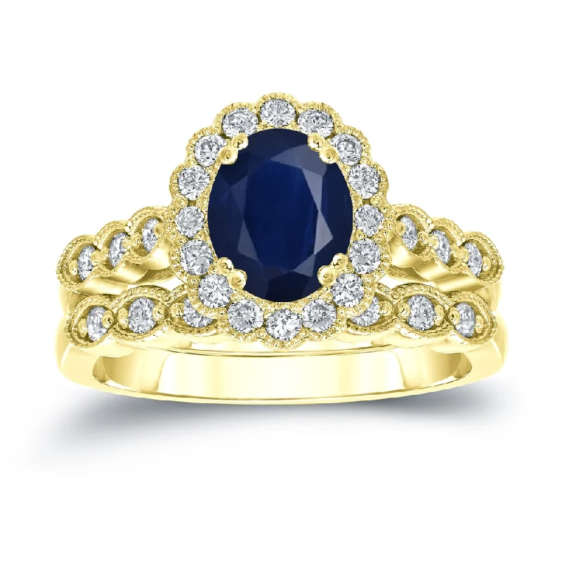 Women’s pearl statement ring-Auriya 14k Gold 1 1/2ct Oval Cut Blue Sapphire and 3/5ct TDW Diamond Halo Bridal Ring Set (H-I, SI1-SI2)