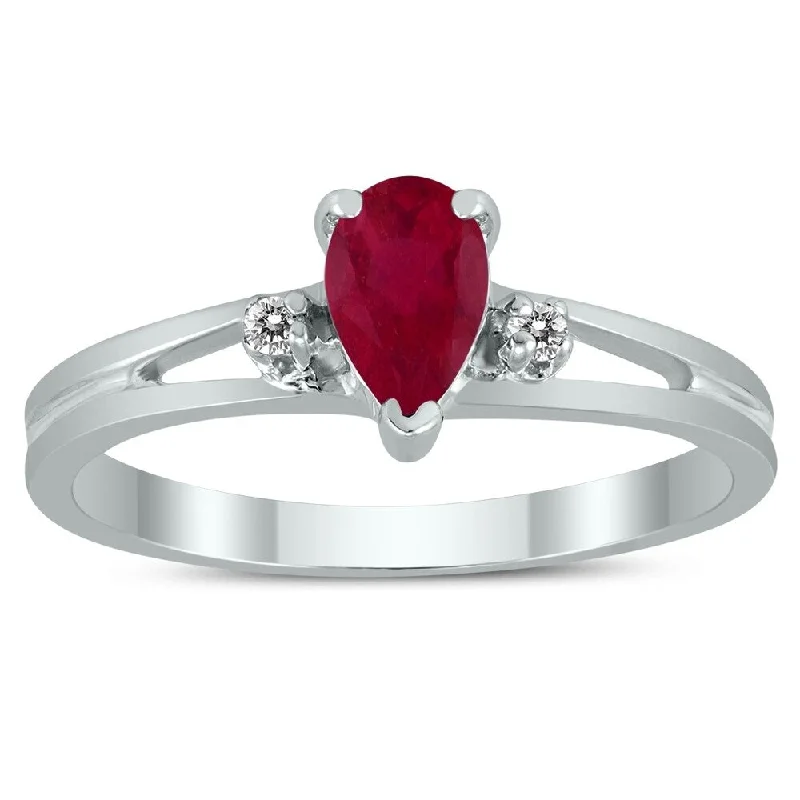 Women’s gemstone cluster ring-6X4MM Ruby and Diamond Pear Shaped Open Three Stone Ring in 10K White Gold