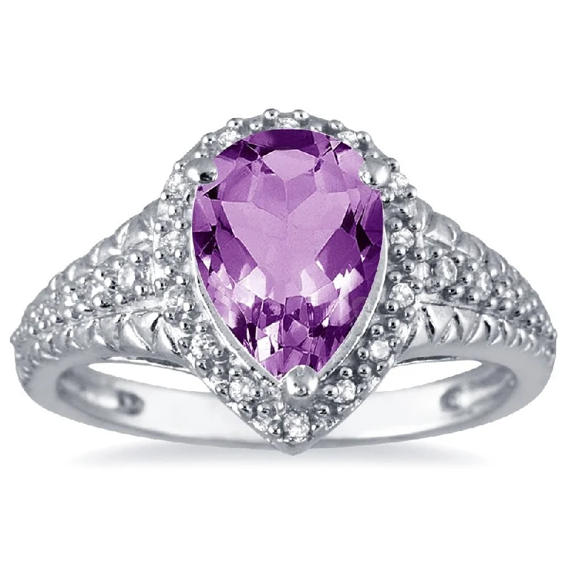 Women’s diamond ring-2 Carat Pear Shaped Amethyst and Diamond Ring in 10K White Gold