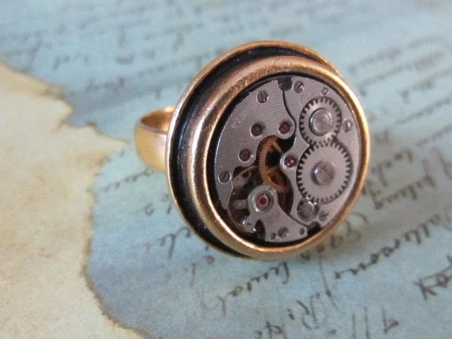 Women’s large diamond ring-Steampunk ring - Sphere- Steampunk jewelry made with real vintage watch parts