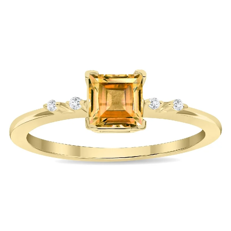 Women’s black gold ring-Women's Square Shaped Citrine and Diamond Sparkle Ring in 10K Yellow Gold