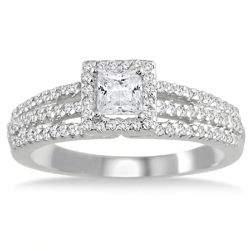 Women’s triple-stone ring-5/8 Carat TW Halo Princess Cut Diamond Ring in 10K White Gold