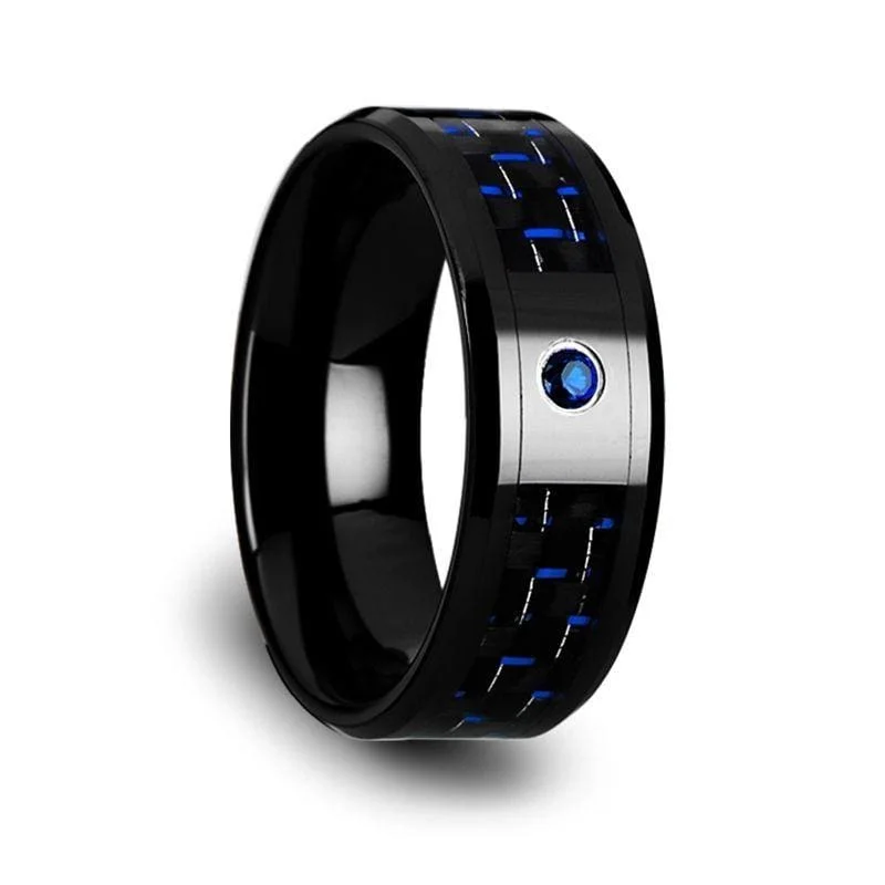 Women’s unique diamond ring-Men's Ceramic Ring With Black & Blue Carbon Fiber And Blue Sapphire Setting - 8mm