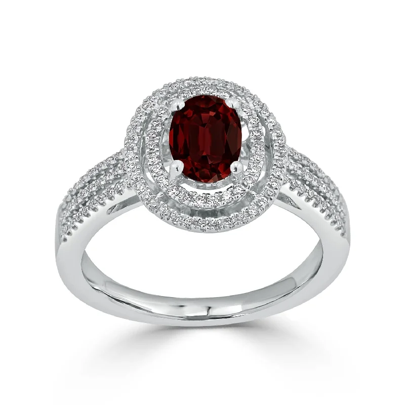 Women’s square diamond ring-Auriya Modern 7/8ct Oval Red Garnet and Halo Diamond Ring 1/4cttw 18K Gold