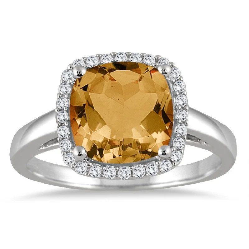 Women’s chunky gemstone ring-2.80 Carat Cushion Cut Citrine and Diamond Halo Ring in 10K White Gold