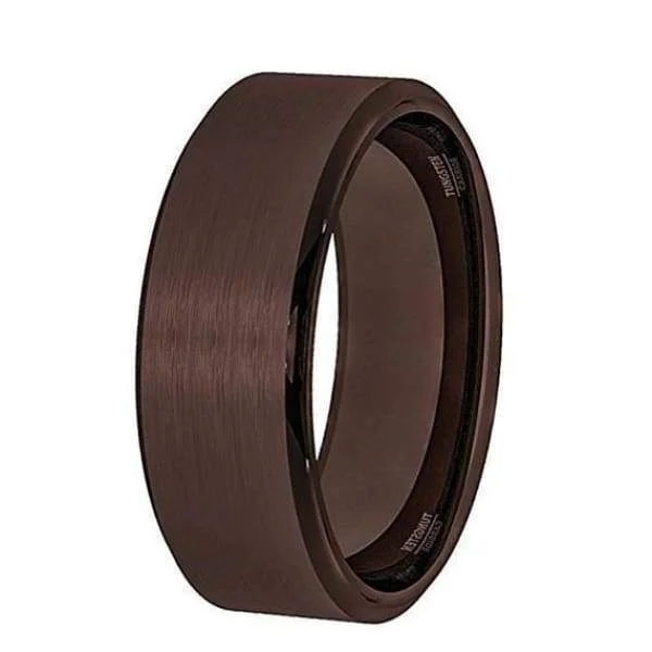 Women’s ruby engagement ring-Zeus Men's All Brown Tungsten Wedding Band With Brushed Center - 8 mm