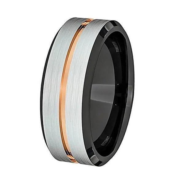 Women’s promise ring-Luca Mens Rose Gold Groove Tungsten Wedding Band With Black Inside- 6mm