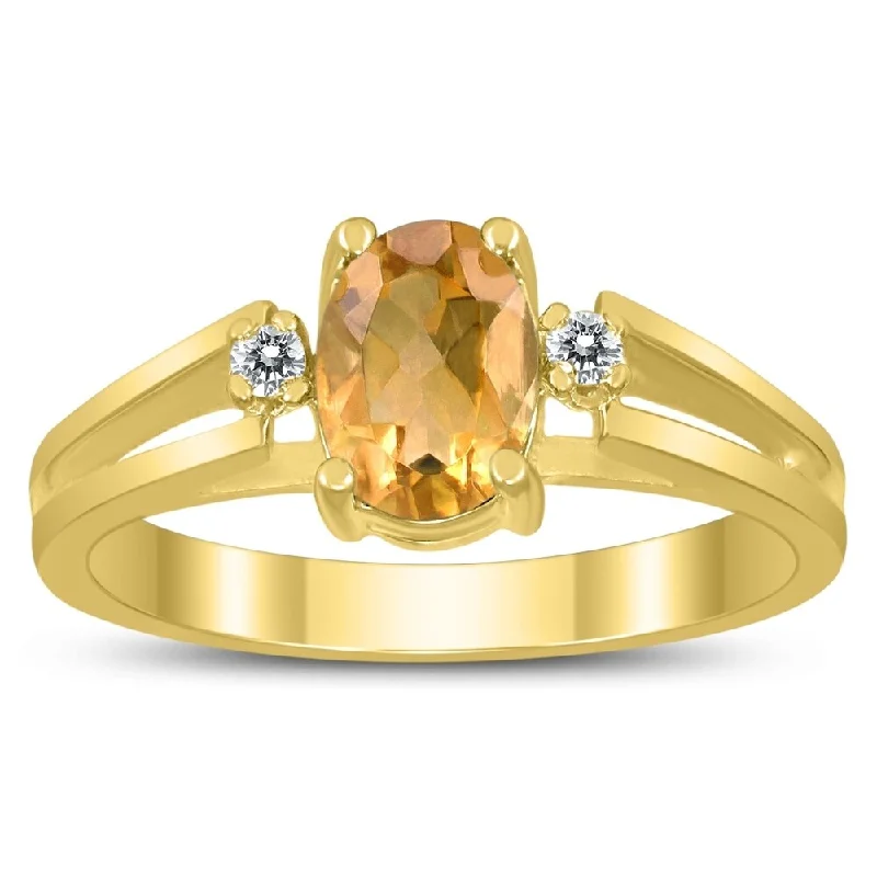 Women’s antique ring-7X5MM Citrine and Diamond Open Three Stone Ring in 10K Yellow Gold