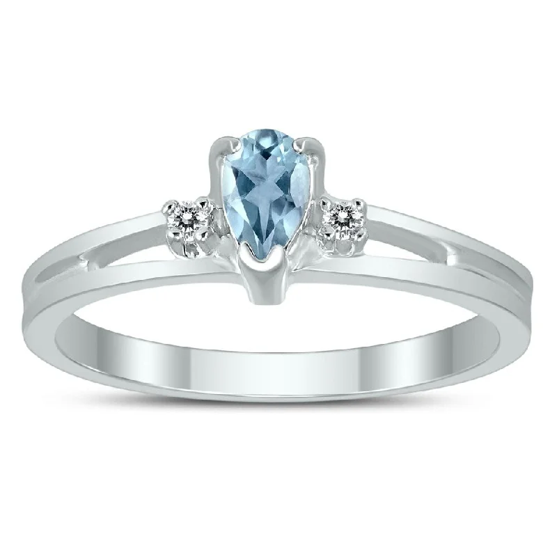 Women’s engagement ring set-5X3MM Aquamarine and Diamond Pear Shaped Open Three Stone Ring in 10K White Gold