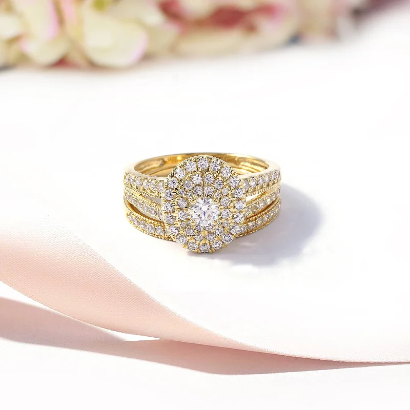 Women’s vintage engagement ring-De Couer 1ct TDW Halo Diamond Cluster Halo Bridal Ring in 14k Yellow Gold