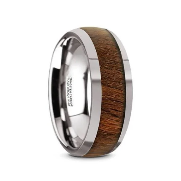 Women’s vintage diamond ring-Exotic Black Walnut Wood Inlaid Domed Tungsten Ring With Polished Edges For Him- 8 mm