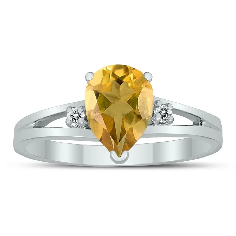 Women’s sapphire ring-8X6MM Citrine and Diamond Pear Shaped Open Three Stone Ring in 10K White Gold