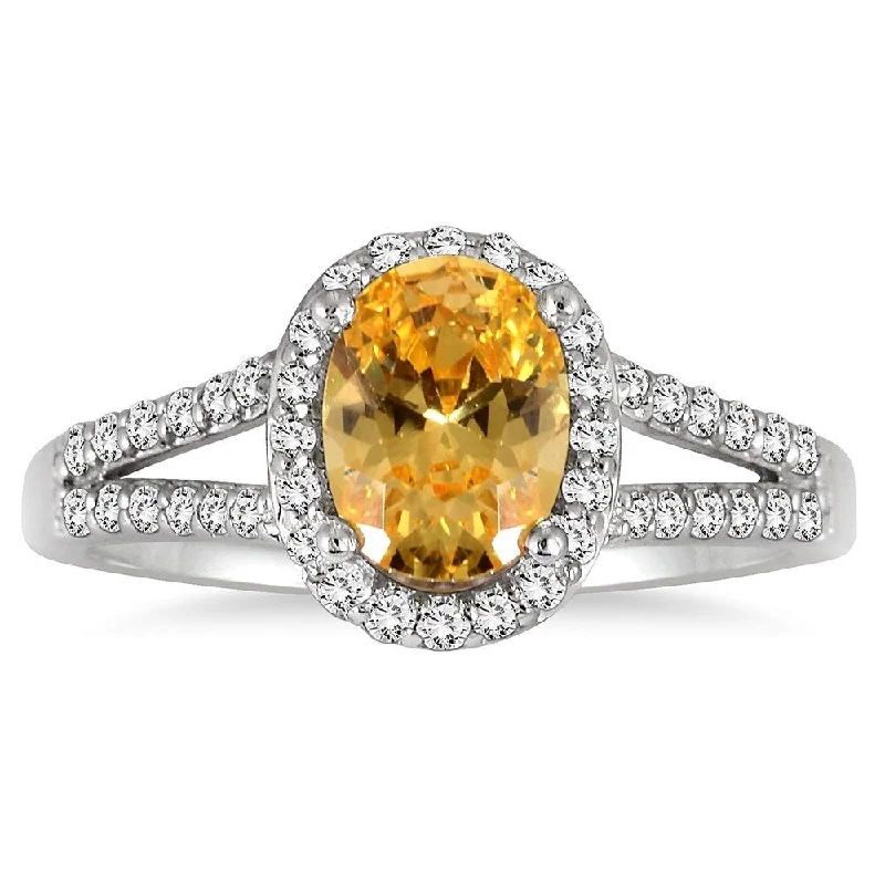 Women’s wedding band ring-1 1/4 Carat Oval Citrine and Diamond Ring in 10K White Gold